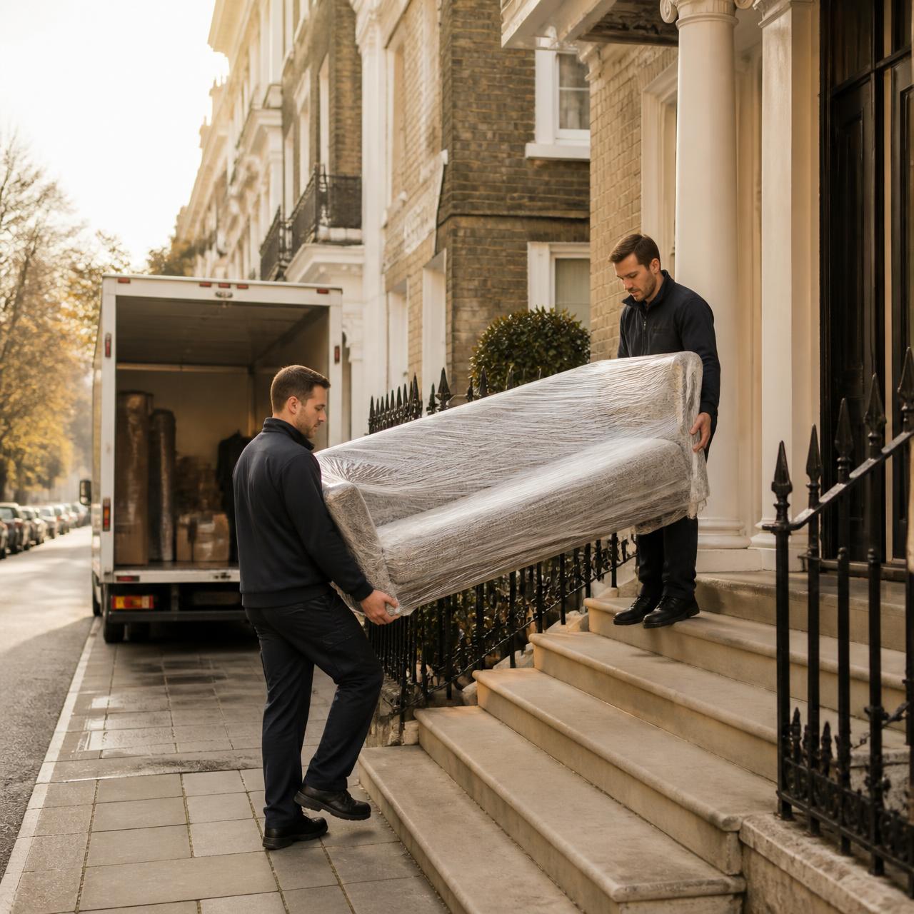 Movers carrying a wrapped sofa down London townhouse steps